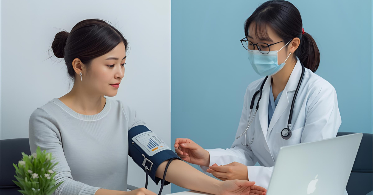 医療従事者がオフィスで社員の血圧を測定し、行動変容レポートの健康データを共有している様子。社員の健康意識向上を象徴するイメージ。