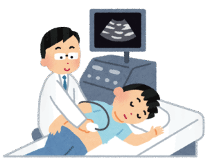 医療現場で腹部や頸動脈などのエコー検査を行っている様子。プローブ操作やモニター画像を確認する技師・医師の手元が映っている。