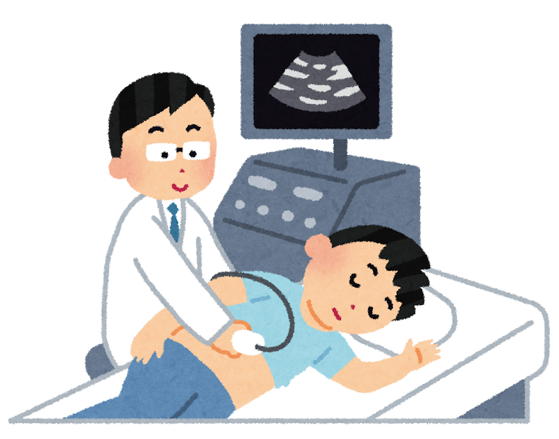 医療現場で腹部や頸動脈などのエコー検査を行っている様子。プローブ操作やモニター画像を確認する技師・医師の手元が映っている。