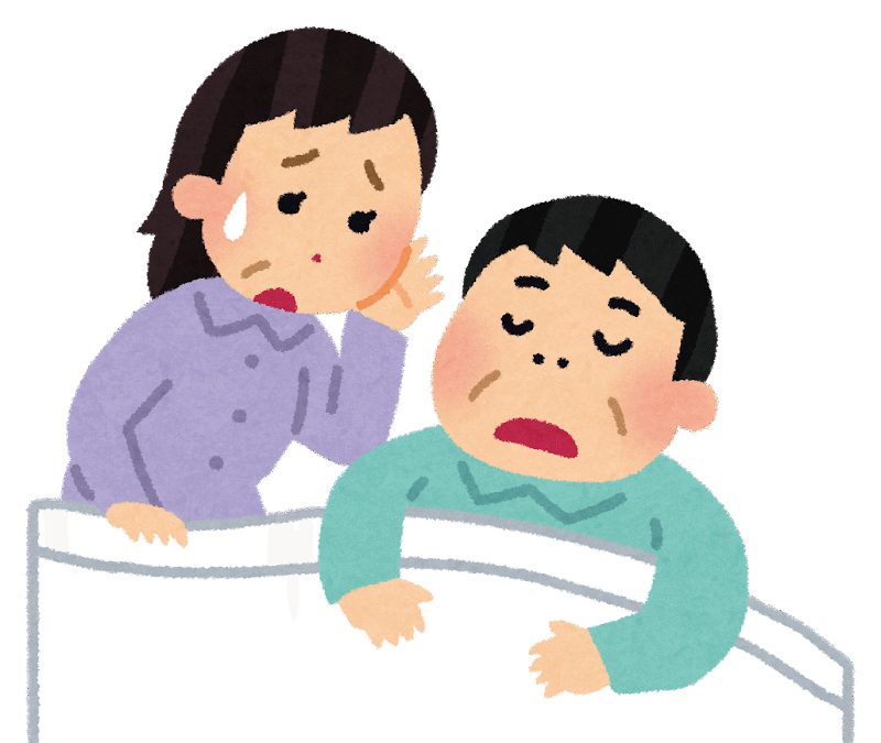 睡眠時無呼吸症候群(SAS)の症状に悩む夫婦のイラスト。睡眠中に呼吸が止まり不安そうに見守る様子を表現。