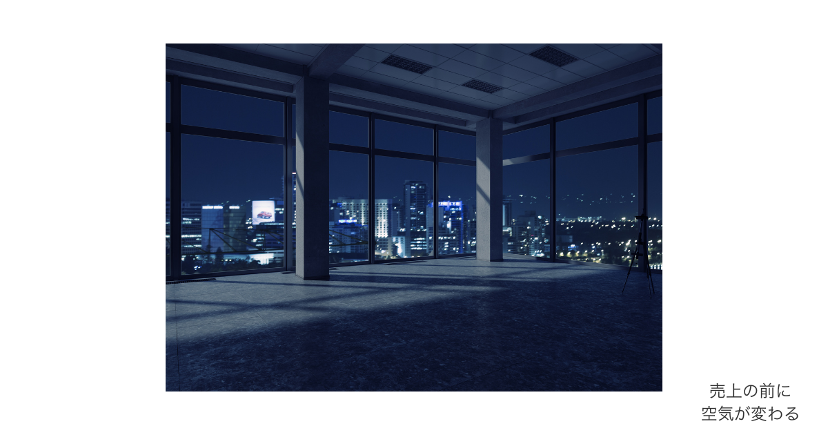 職場の空気の変化が売上に影響することを示唆する、静かなオフィスと夜景のイメージ