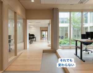 福利厚生や設備は整っているものの、利用されず空気が変わらない職場を象徴する、無人のオフィスラウンジのイメージ