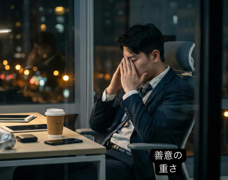 全員を救おうとする善意が社長自身を疲弊させている状態を象徴する、夜のオフィスで一人座る経営者のイメージ