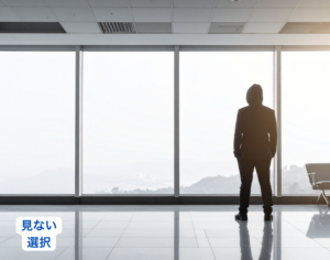 社長が問題に気づきながらも視線を外している状態を象徴する、オフィスで窓の外を見る後ろ姿のイメージ