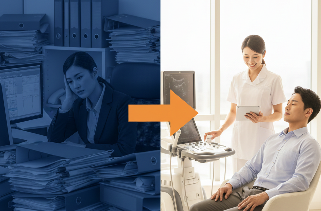 健診事務のビフォーアフターの比較画像。左側は、暗いオフィスで山積みの書類とエクセル作業に頭を抱え疲弊する総務の女性。右側は、明るい日差しが差し込む部屋で、医療スタッフがスムーズにエコー検査を行い、女性が笑顔で立ち会っている様子。
