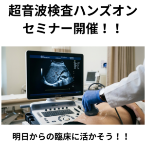肝臓の超音波（エコー）画像が映るモニター画面と、プローブを操作する手元のアップ